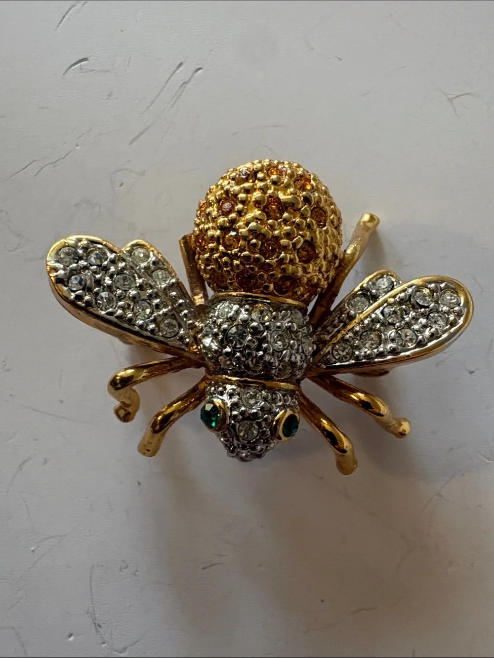 Gold and Crystal Bee Brooch with Green Accents